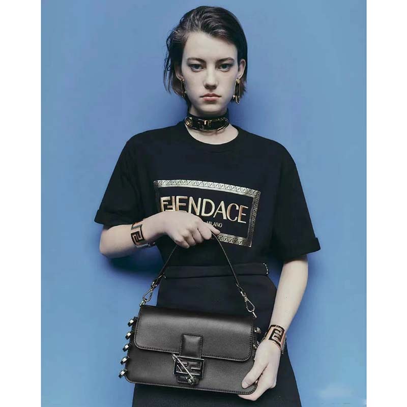Fendi Women FF Baguette Brooch Fendace Black Leather Bag