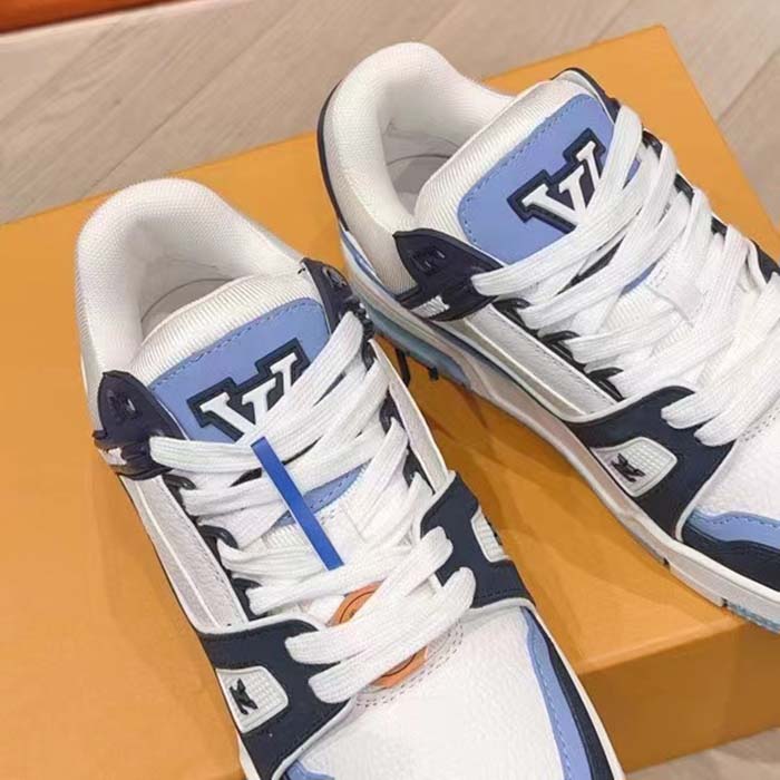 Louis Vuitton Unisex LV Trainer Sneaker Blue Nubuck Grained Calf Leather Rubber Initials