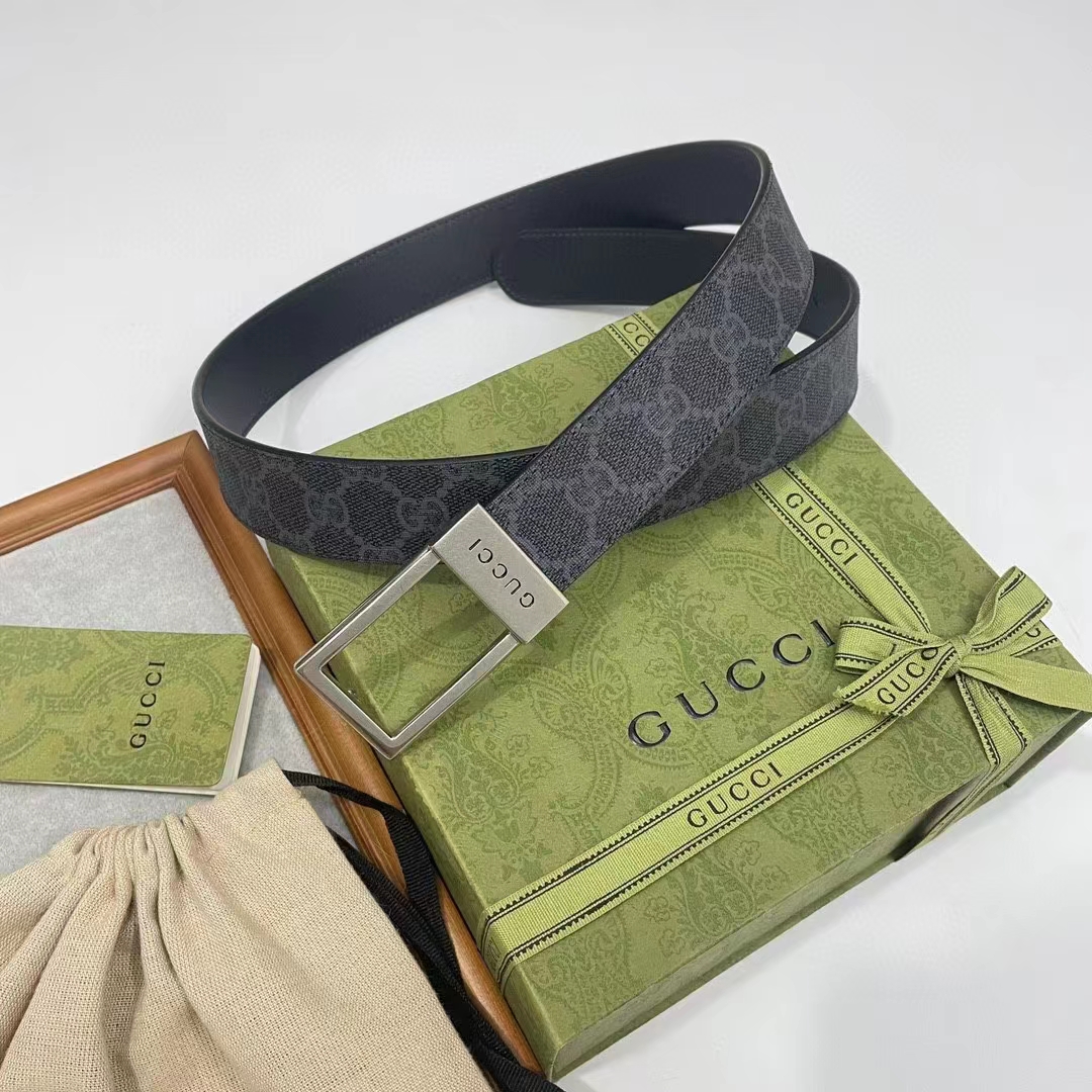 Gucci Unisex Belt Rectangular Buckle Black GG Supreme Canvas 3.6 CM Width