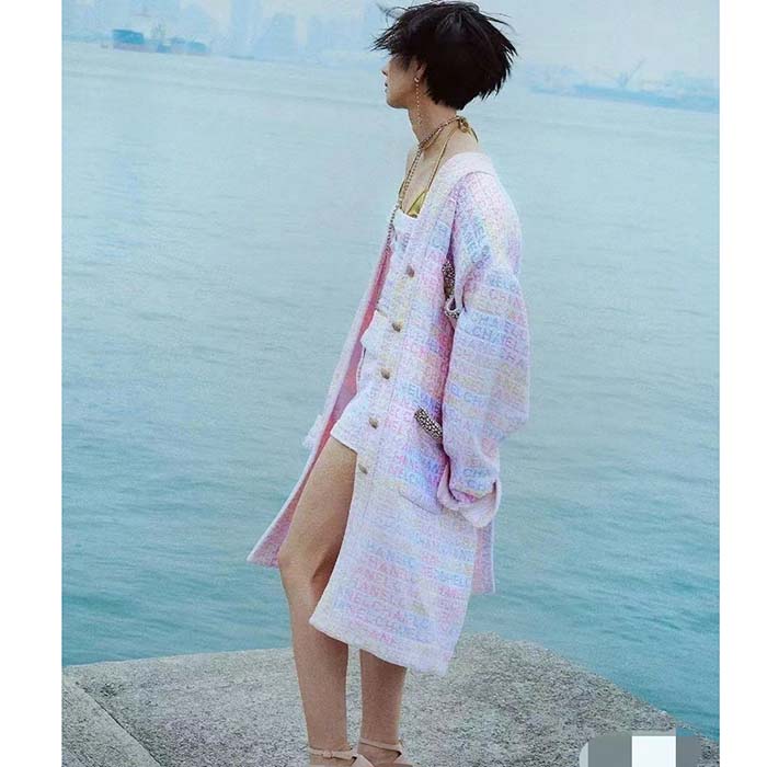 Chanel Women CC Coat Embroidered Cotton Wool Tweed Pink Yellow Ecru Blue Ref. P76296 V68251 NS965