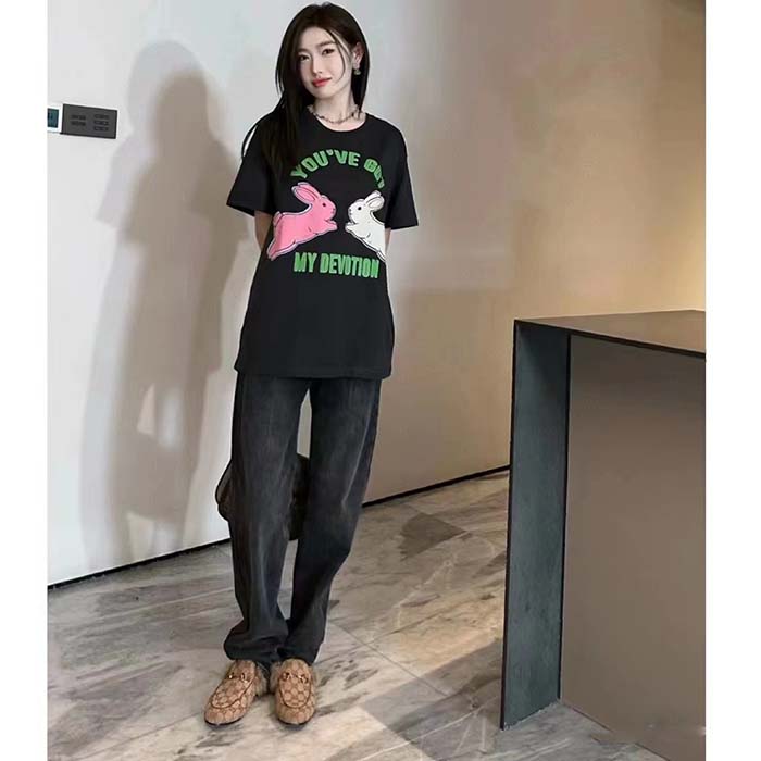 Gucci Women GG HA HA HA Bunny T-Shirt Black Medium Cotton Jersey Crewneck