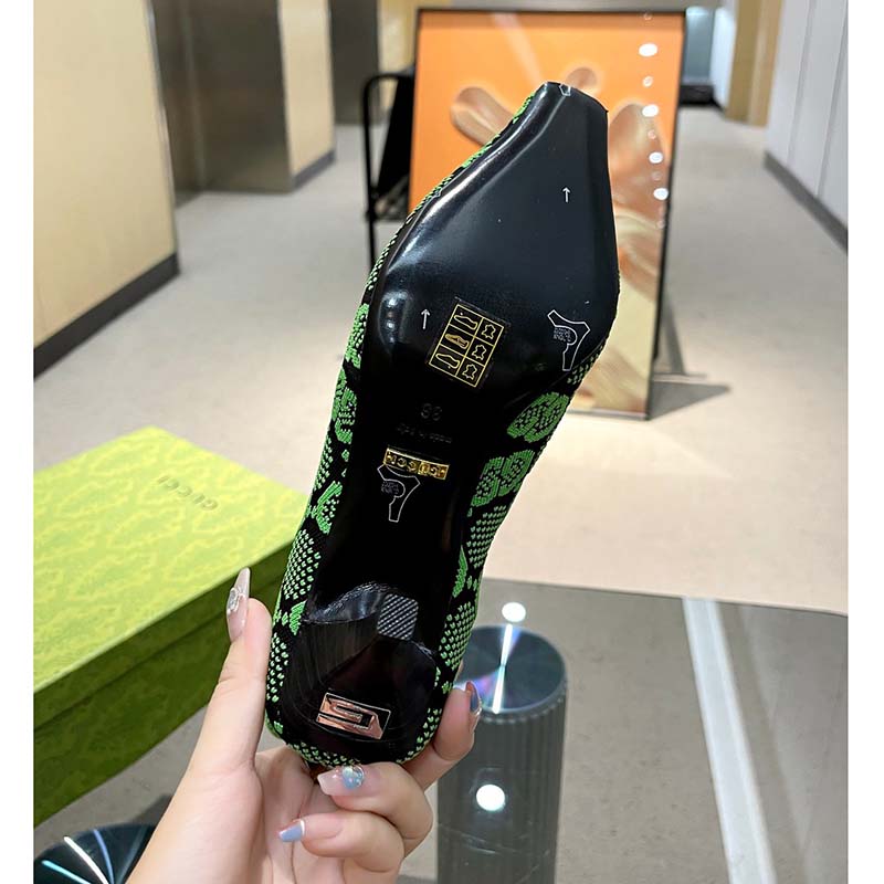 Gucci Women GG Knit Ankle Boots Black Green GG Technical Fabric Leather Mid-Heel