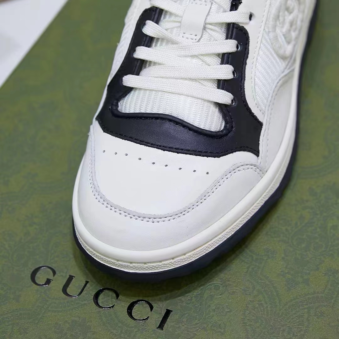 Gucci Unisex GG MAC80 Sneaker Off White Black Leather Round Toe Rubber Flat
