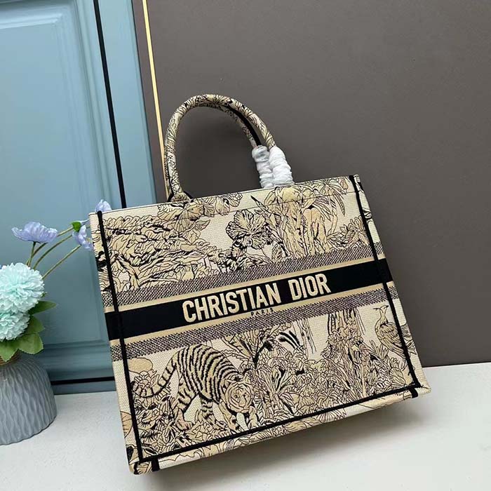 Dior Unisex CD Large Book Tote Beige Multicolor Toile De Jouy Voyage Embroidery