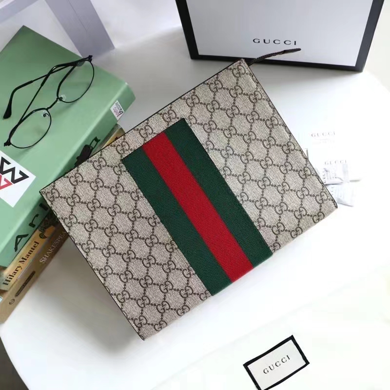 Gucci Unisex GG Supreme Web Pouch GG Supreme Canvas Green Red Web