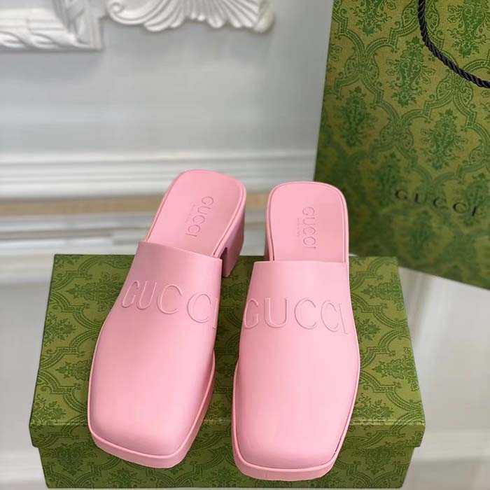 Gucci Women GG Slip-On Sandal Pink Rubber Embossed Logo Square Toe Chevron