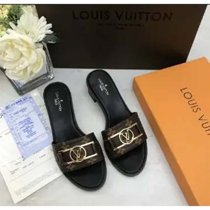 Louis Vuitton LV Women Lock It Flat Mule Brown Patent Monogram Canvas Leather
