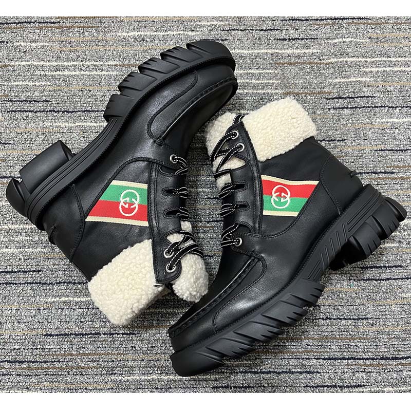 Gucci Women Ankle Boot Stripe Black Leather Merino Wool Mid 6 Cm Heel