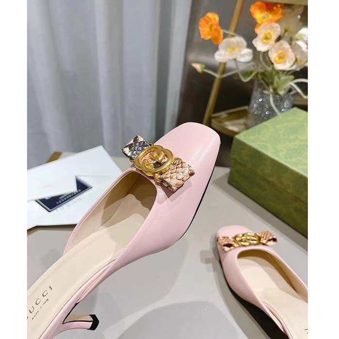 Gucci Women GG Interlocking G Mule Pink Leather Square Toe Leather Mid-Heel
