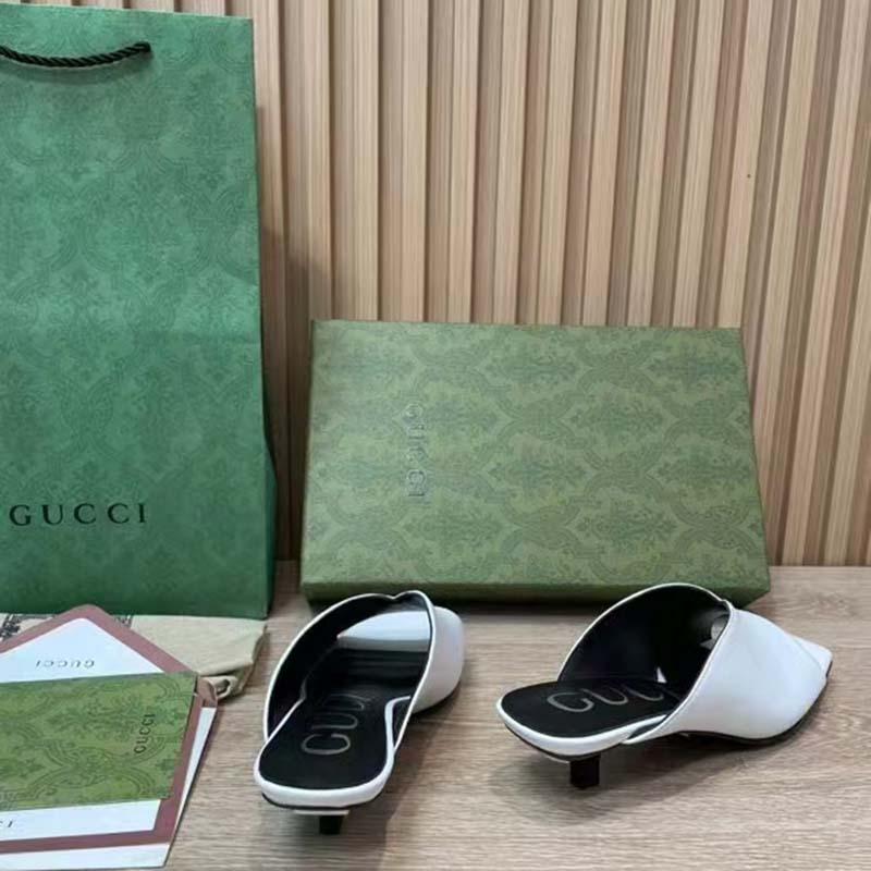 Gucci Women GG Low Heel Sandal White Leather Square Toe