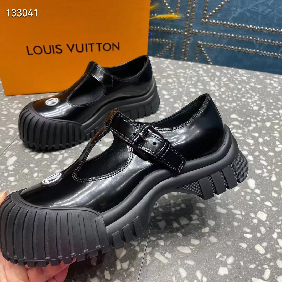 Louis Vuitton Women Ruby Flat Mary Jane Black Calf Leather Rubber LV Circle Signature