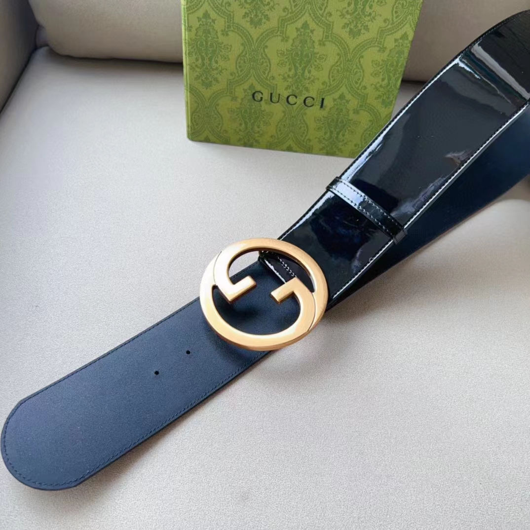 Gucci Unisex GG Blondie Wide Patent Belt Round Interlocking G 7 CM Width