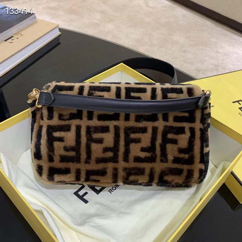 Fendi Women FF Baguette Brown Sheepskin Sheep Fur Calfskin Bag