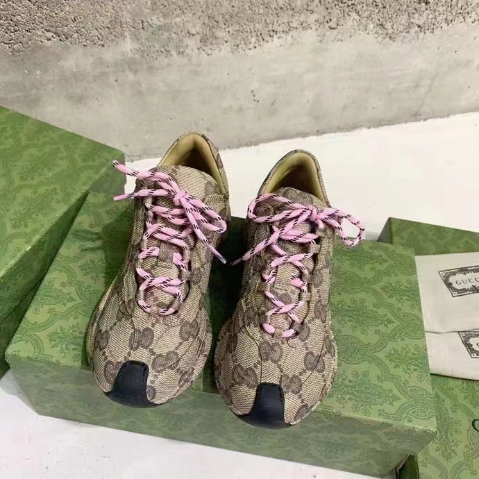 Gucci Unisex GG Run Sneaker Beige Ebony Leather GG Water Transfer Print