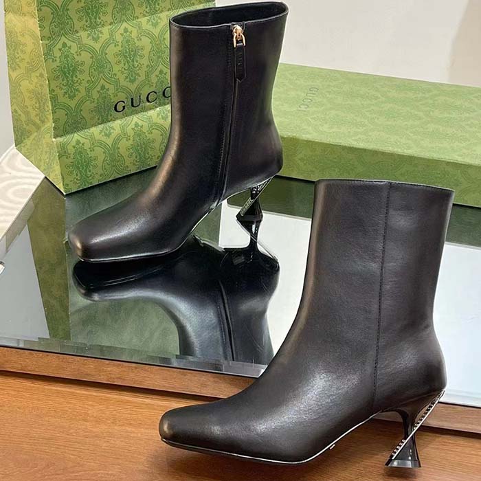 Gucci Women GG Ankle Boot Black Leather Geometric Heel Metal Inserts High-Heel