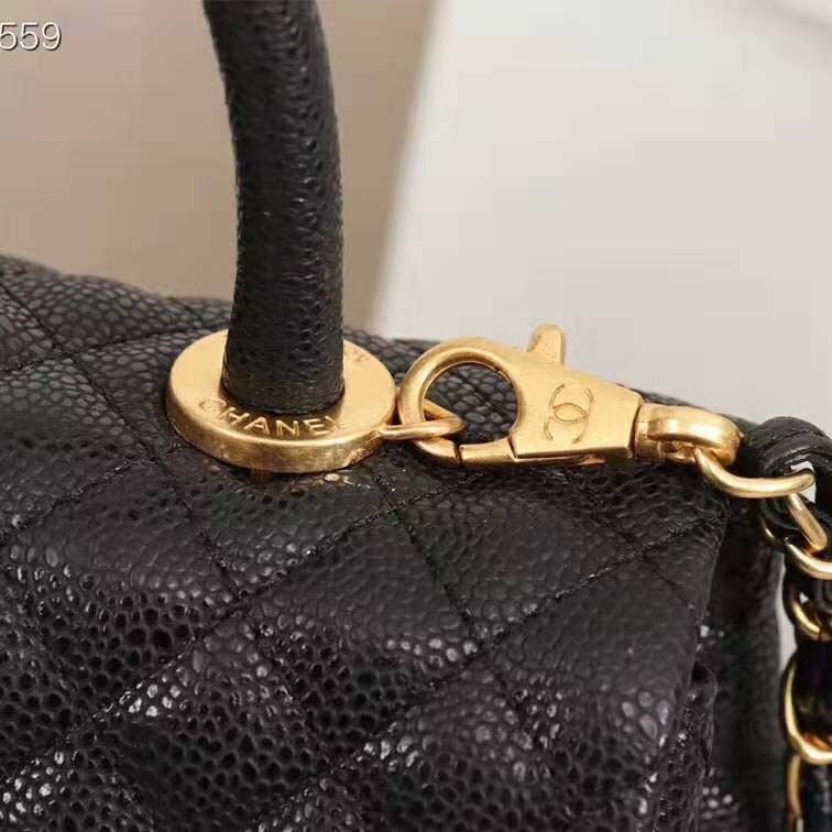 Chanel Women Large Flap Bag with Top Handle in Grained Calfskin Leather-Black