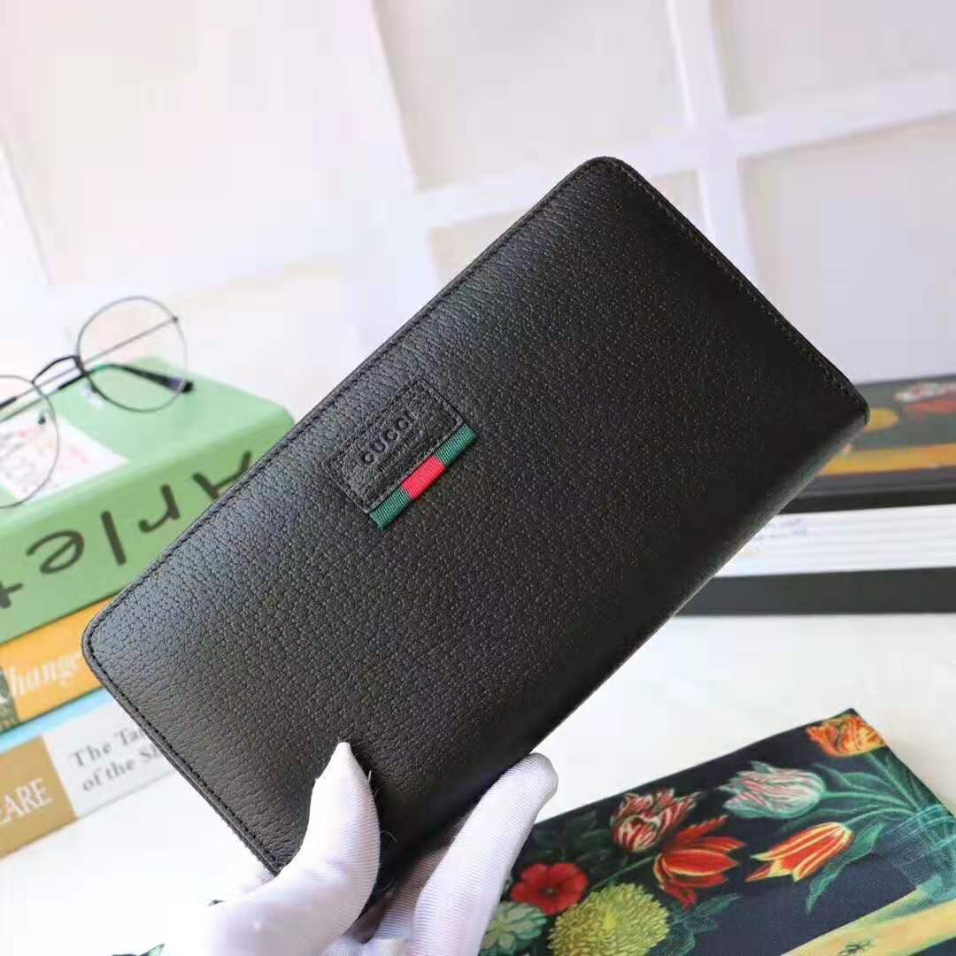 Gucci GG Unisex Leather Zip Around Wallet with Web in Black Leather