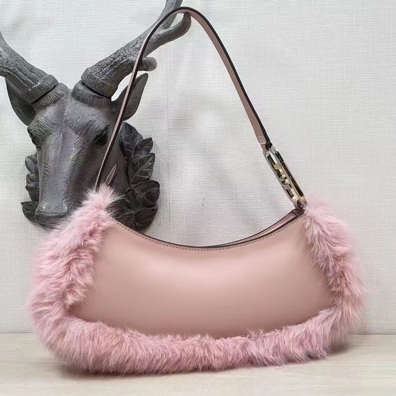 Fendi Women FF O’Lock Swing Pale Pink Leather Fox Fur Pouch