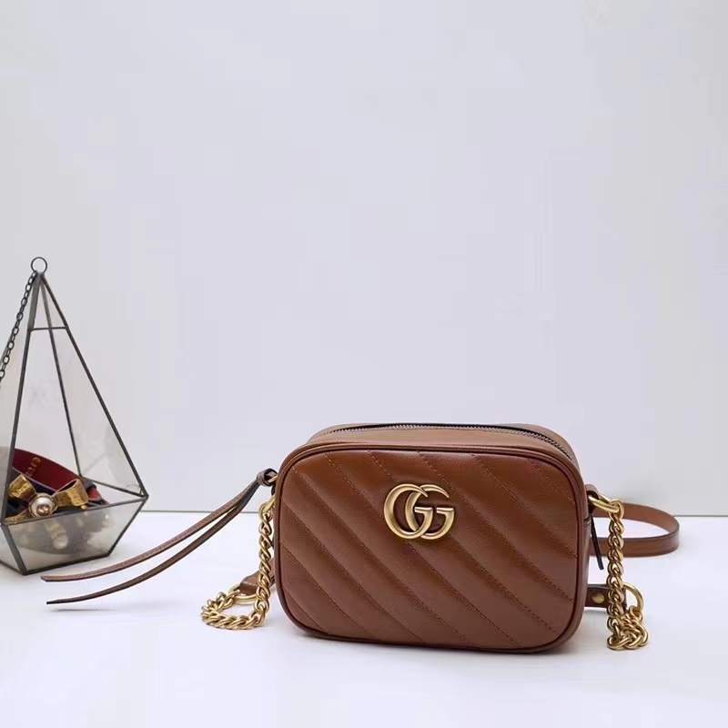 Gucci Women GG Marmont Mini Shoulder Bag Brown Matelassé Leather Double G