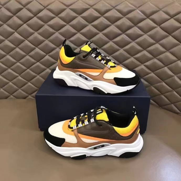 Dior Unisex Shoes CD B22 Sneaker Yellow White Technical Mesh Ebony Camel Smooth Calfskin