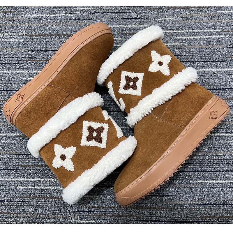 Louis Vuitton Women LV Snowdrop Flat Ankle Boot Brown Suede Calf Leather Shearling Wool