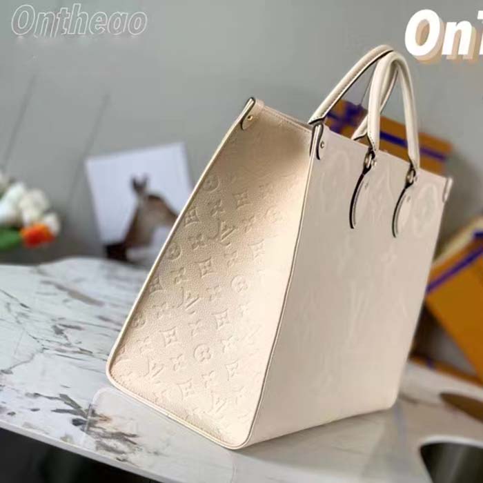Louis Vuitton Women Onthego MM Tote Bag Crème Beige Embossed Grained Cowhide Leather