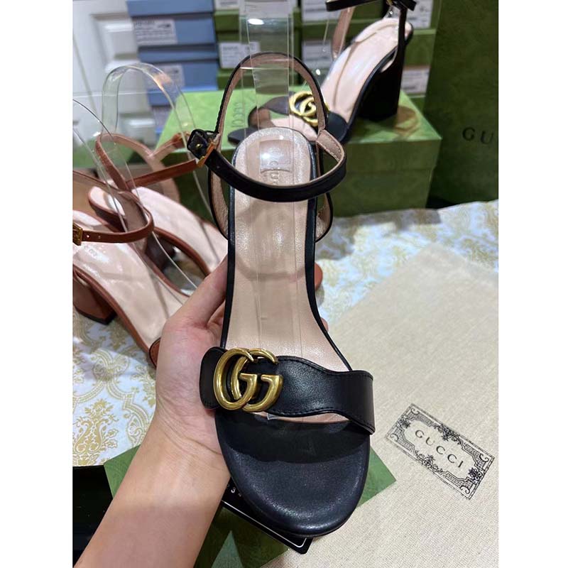 Gucci Women GG Leather Mid-Heel Sandal Black Double G 8 Cm Heel