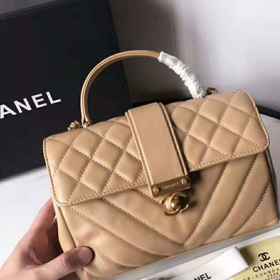 Chanel Women Flap Bag with Top Handle in Calfskin-Sandy