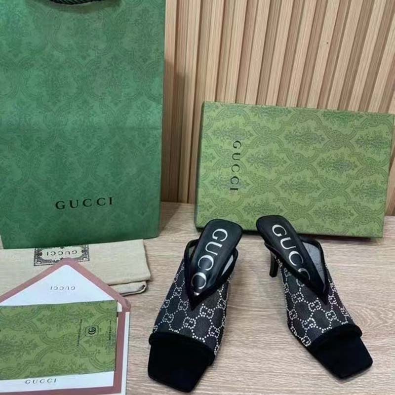 Gucci Women GG Sandal Black Mesh GG Crystals Square Toe Mid-Heel