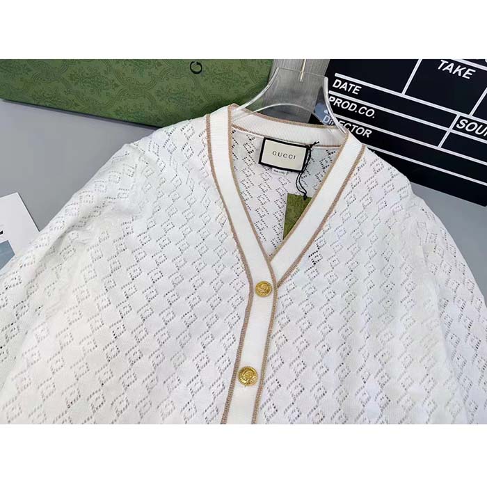 Gucci Women GG Cotton Cardigan Web Ivory G V-Neck Long Sleeves Button Closure