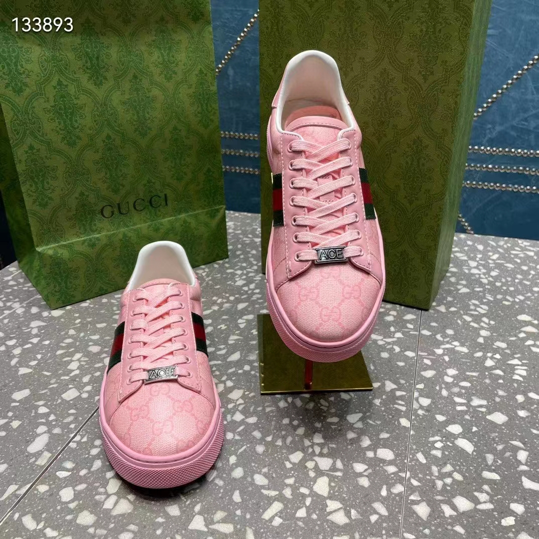 Gucci Women GG Ace Sneaker Web Pink GG Crystal Canvas Rubber Low-Heel