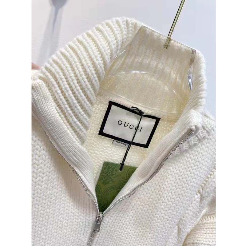 Gucci Women GG Cable Knit Bomber Jacket Off-White Cable Knit Wool