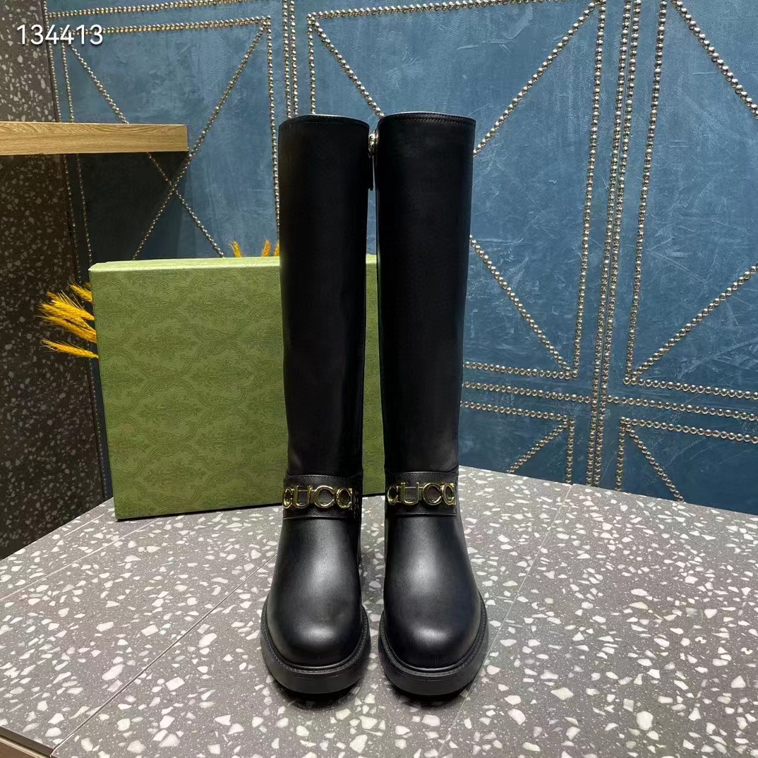 Gucci Women GG Gucci Boot Black Leather Rubber Sole Side Zip Closure Flat 2.3 CM Heel