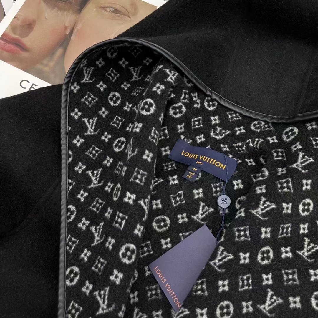 Louis Vuitton LV Women Hooded Wrap Coat Wool Silk Black White Regular Fit