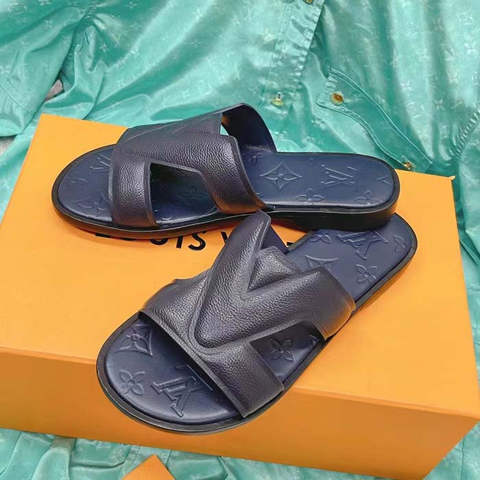 Louis Vuitton LV Unisex Oasis Mule Navy Blue Grained Calf Leather Rubber Outsole