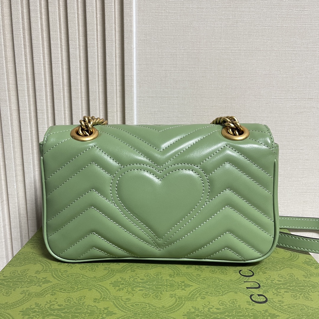 Gucci Women GG Marmont Small Shoulder Bag Sage Green Matelassé Chevron Heart