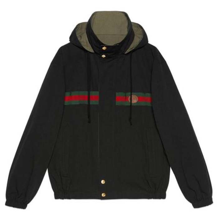 Gucci GG Women Cotton Jersey Sweatshirt Web Black Hooded Fixed Hood Drawstring Jacket