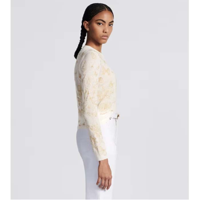 Dior Women CD Embroidered Sweater White Wool Cashmere Knit Gold-Tone Butterflies Motif