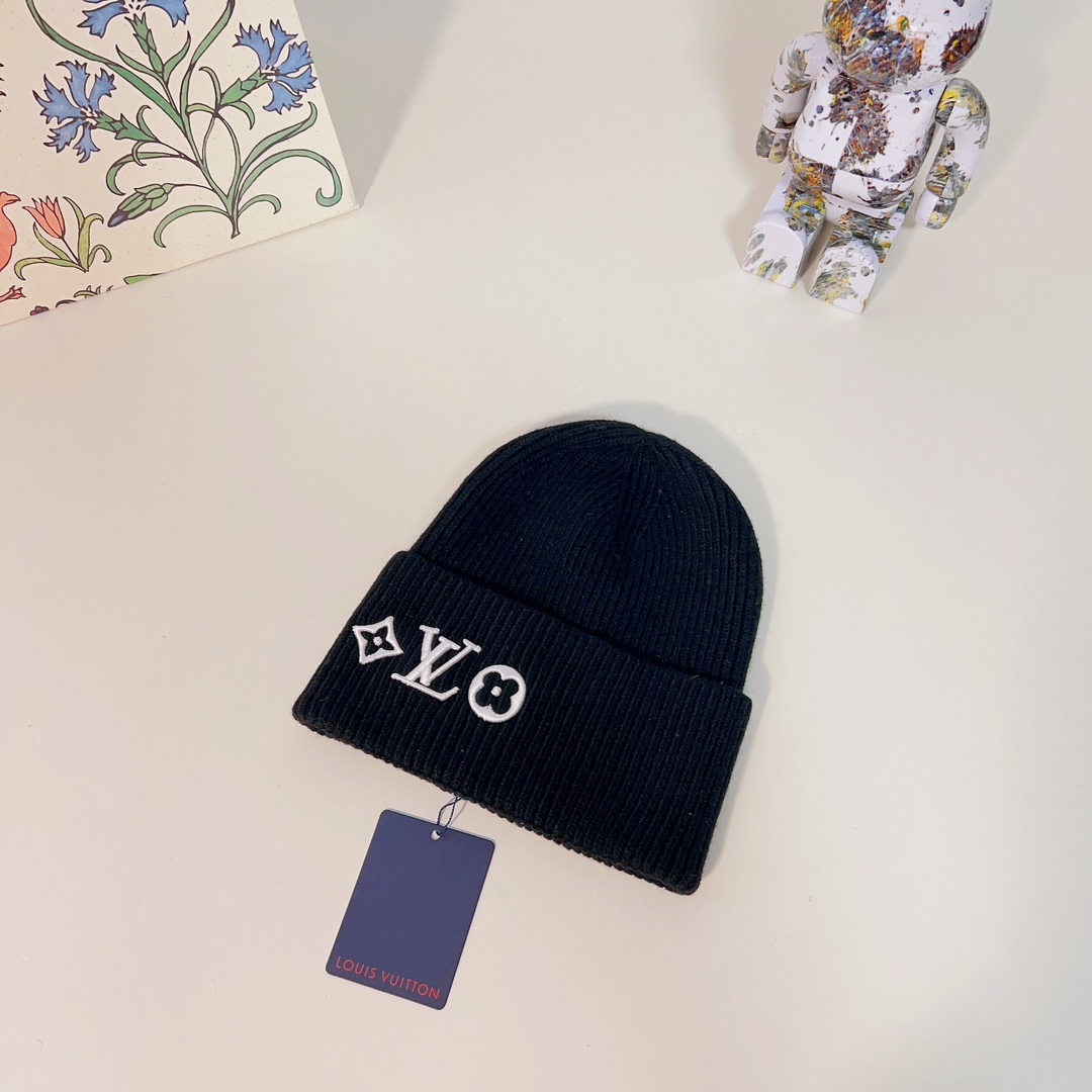 Louis Vuitton Unisex LV Headline Beanie Black Wool Monogram Flowers