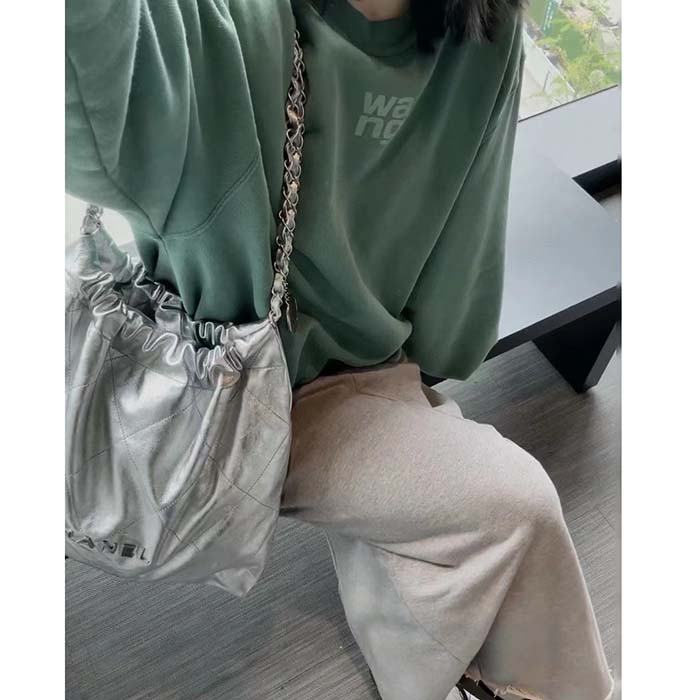 Chanel Women CC 22 Handbag Metallic Calfskin Silver-Tone Metal Silver