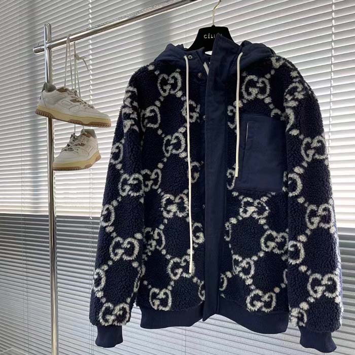 Gucci Women GG Fuzzy Fabric Jacquard Jacket Fixed Hood Drawstring Long Sleeves Front Patch Pocket