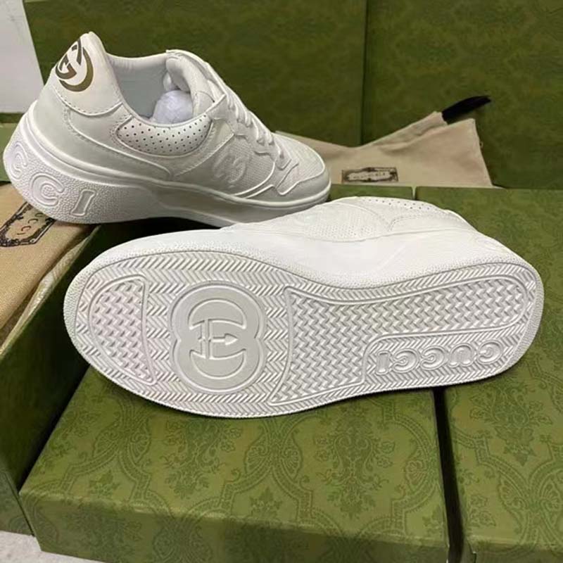Gucci Unisex GG Embossed Sneaker White Smooth Leather Lace Up Flat