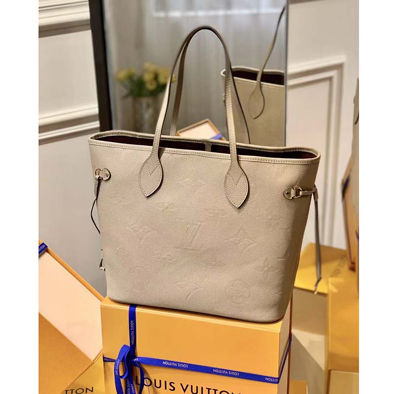 Louis Vuitton LV Women Neverfull MM Tote Tourterelle Gray Embossed Cowhide Leather