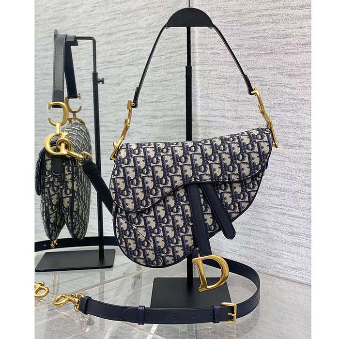Dior Women Saddle Bag Strap Blue Dior Oblique Jacquard CD Signature Interior Back Pocket