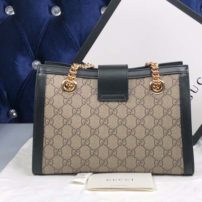 Gucci Women Padlock Small GG Shoulder Bag Beige Ebony GG Supreme Canvas Black Leather