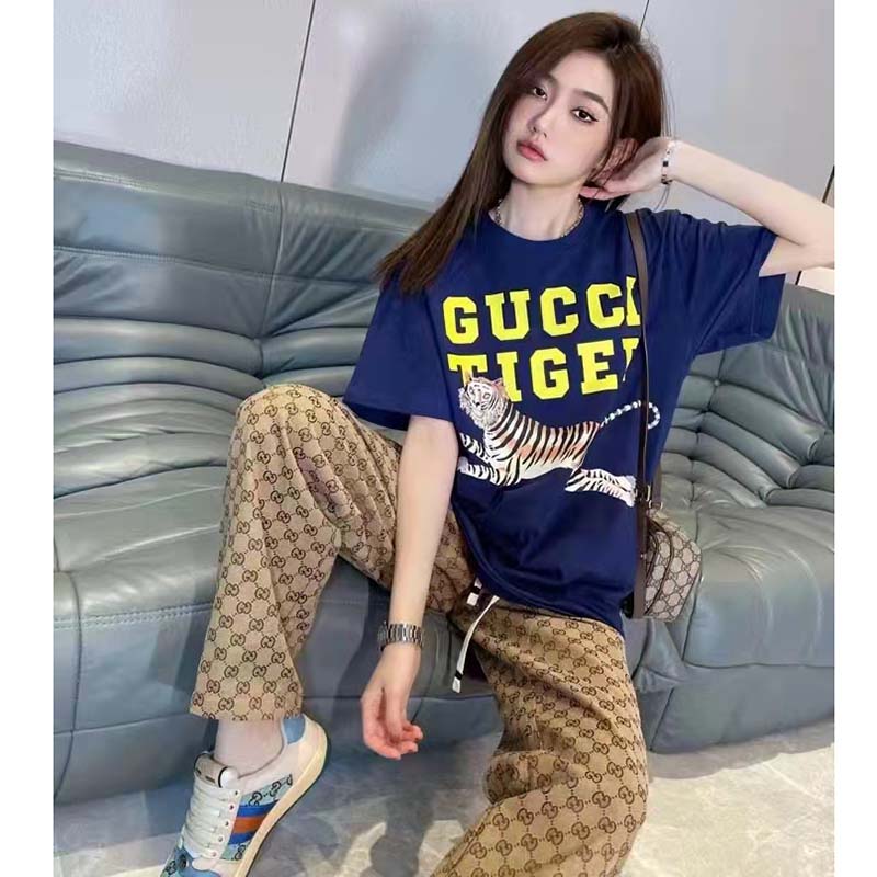 Gucci GG Women Gucci Tiger Cotton T-Shirt Blue Cotton Jersey Crewneck