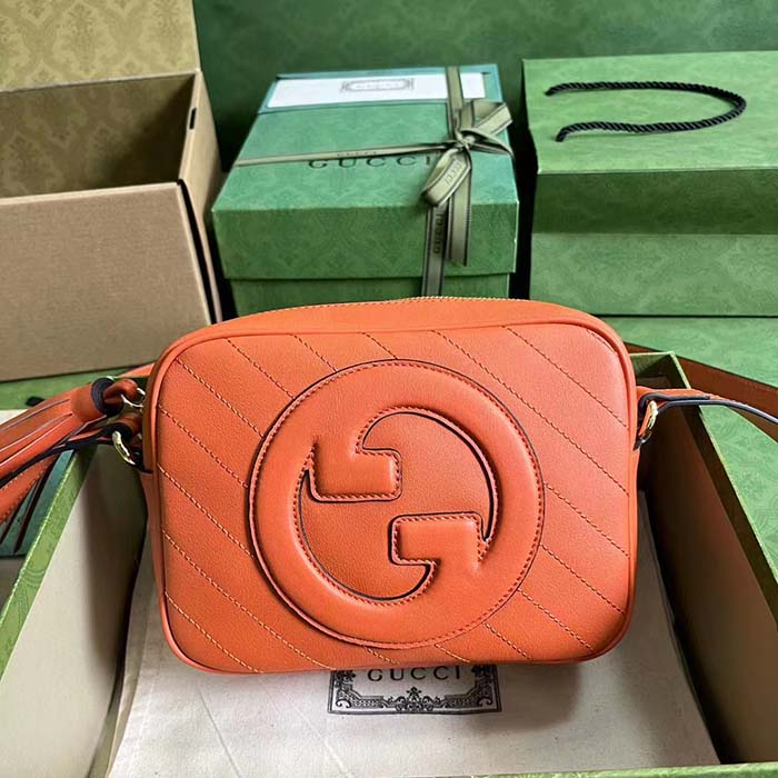 Gucci Women GG Blondie Small Shoulder Bag Orange Leather Round Interlocking G