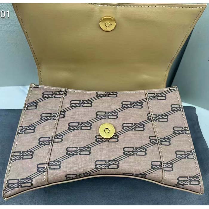 Balenciaga Women Hourglass Small Handbag Beige Brown BB Monogram Coated Canvas