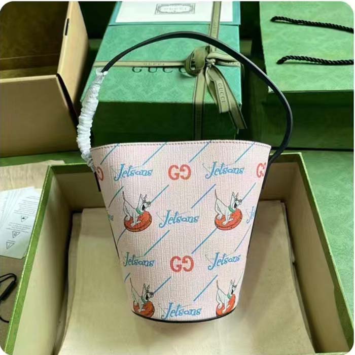 Gucci Unisex Printed Bucket Bag GG The Jetsons Print Pink Blue Supreme Canvas