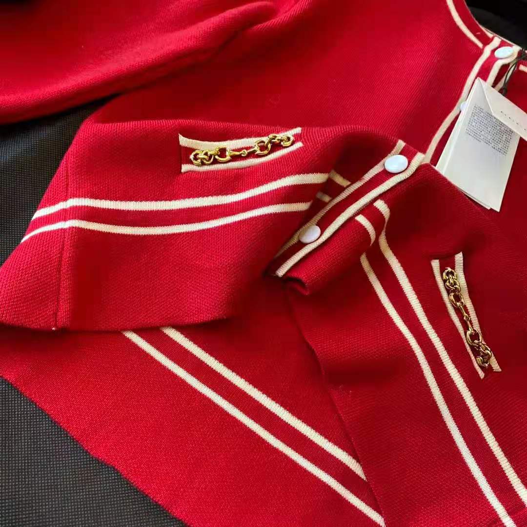 Gucci Women Wool Jacket with Contrast Trim Besom Pockets Crew Neck-Red